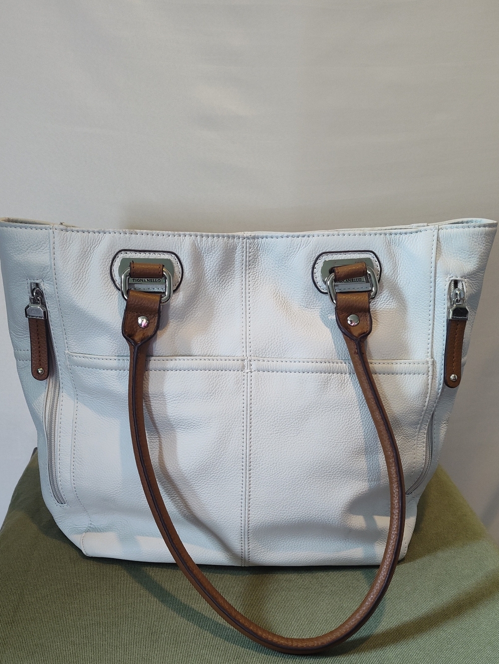 Tiganello Leather Tote Bag in White with Brown Straps